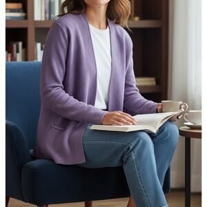 Eileen Fisher Purple Silk Blend Open Lagenlook Quiet Luxury Career Cardigan XL